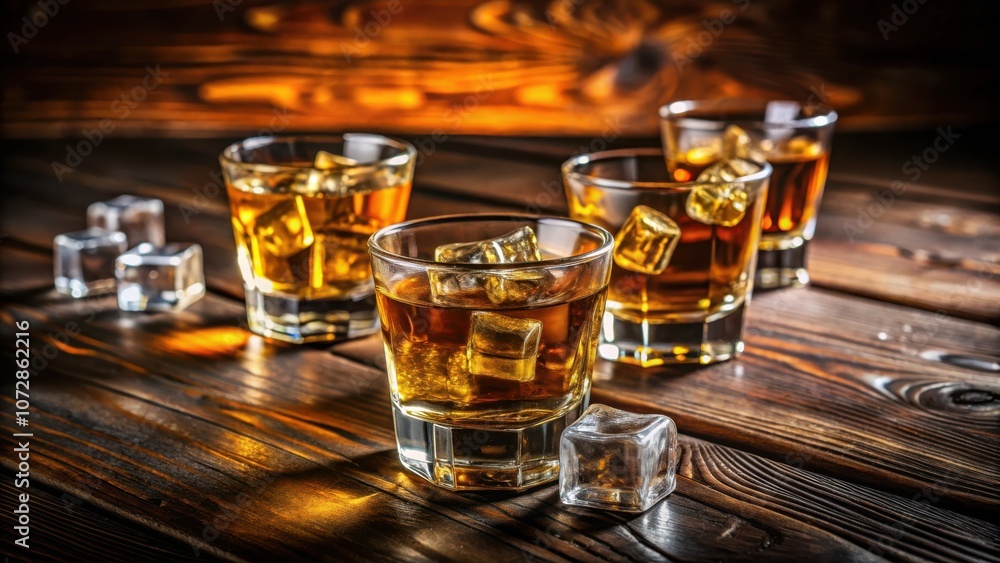Poster a refreshing selection of whiskey on the rocks, nestled amongst ice cubes on a rustic wooden surface