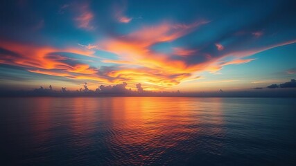 Fototapeta premium Vibrant sunset sky reflecting on calm ocean in Maldives, serene, peaceful, nature