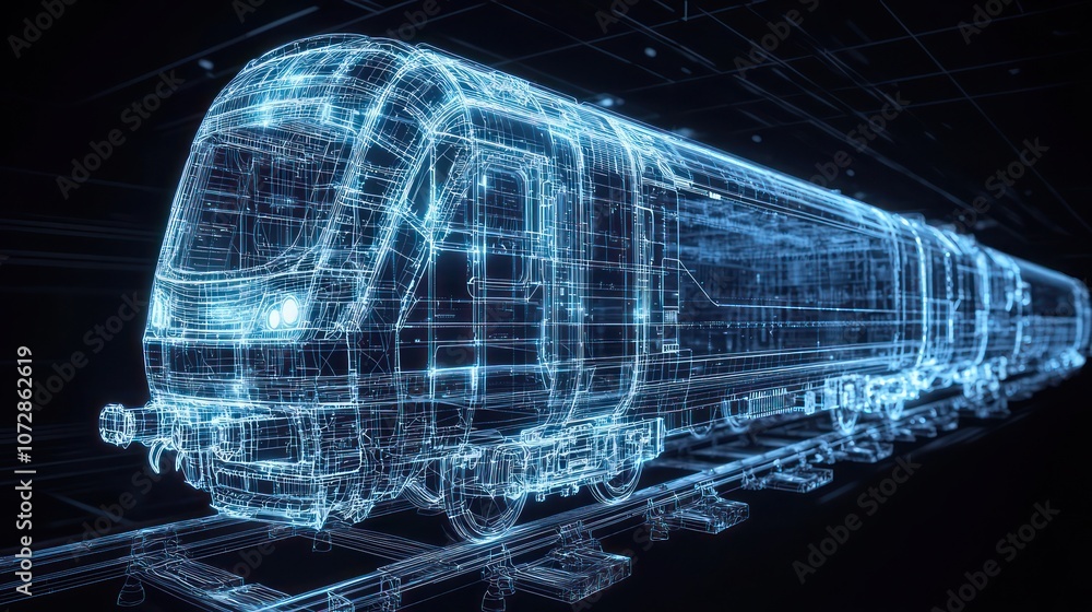 Poster clear framework lines detailing a futuristic train system in blueprint design.