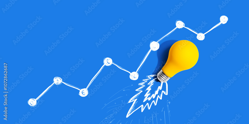 Poster lightbulb launching like a rocket with a rising chart - flat lay