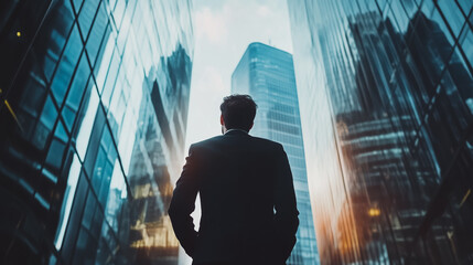Fototapeta premium Abstract business man stands on the peak of success amid tall, innovative Smart city and graphs with statistics to analyze business potential and predict future developments in company growth.