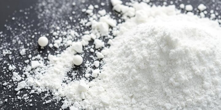 Close-up of titanium dioxide white pigment powder for paint industry, ingredient, white pigment