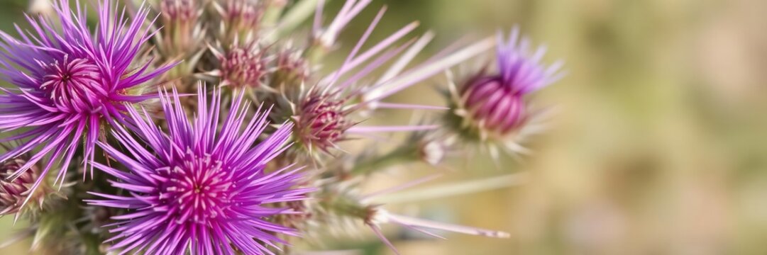Close-up of spiny plumeless thistle carduus acanthoides plant with vibrant purple flowers and sharp spikes, prickly, spines