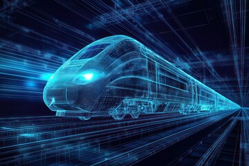 Obraz premium Bullet train in a blue wireframe rendering, showcasing high-speed rail travel.