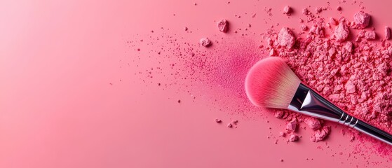 Soft pink blush powder and makeup brush on a pink background for beauty and cosmetics.