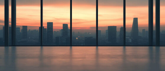 Fototapeta premium A modern interior with large glass windows showcasing a stunning sunset over a city skyline, creating a serene and inspiring atmosphere.