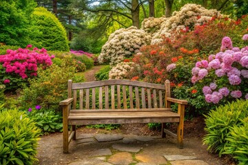 Obraz premium A rustic wooden bench surrounded by blooming shrubs and trees, garden design, outdoor furniture, nature-inspired decor