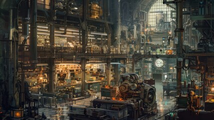 A futuristic industrial interior with a large machine in the foreground.