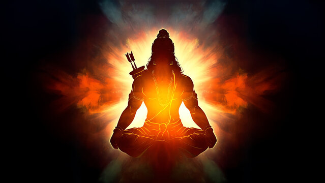 Fototapeta  Glowing Lord Ram .Hindu Deity Rama .Illustration of Lord Ram glowing in neon colors with a majestic full moon backdrop, inspired by Indian mythology .divine strength and focus.