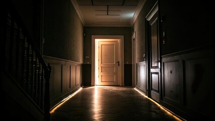 Dimly lit hallway with a slightly ajar door emitting warm light, dark wooden paneling, and a mysterious ambiance