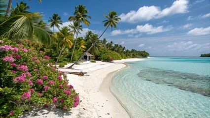 An idyllic beach landscape with crystal clear water and white sandy shores surrounded by swaying coconut palms and exotic flowers, exotic, island