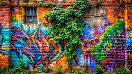 Fototapeta premium A vibrant tapestry of graffiti and nature, painted on the weathered bricks of an abandoned structure, creating a visually striking juxtaposition of urban decay and natural growth.