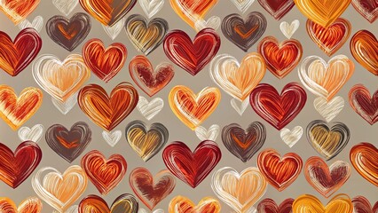 Fototapeta premium A chaotic yet harmonious arrangement of hearts, each a swirling tapestry of crimson, ochre, and ivory hues, evokes a sense of warmth and heartfelt affection.