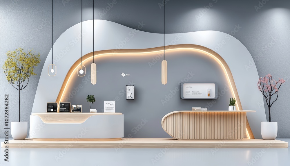 Poster modern reception area with sleek design and elegant lighting features.