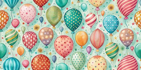Naklejka premium A Whimsical Watercolor Celebration of Joyful Balloons, Adorned with Dots, Stripes, and Stars, Floating Against a Pastel Sky