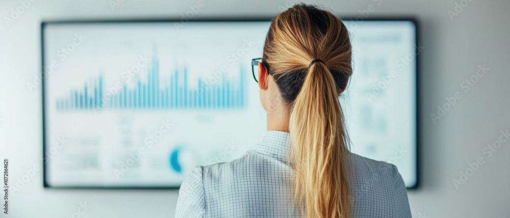 Aufkleber a woman with glasses looks at a display showing data visualizations, likely analyzing graphs or stat