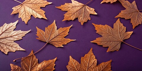 Dry orange metallic leaves scattered on a deep violet background with intricate veins and subtle sheen, floral pattern, fall decoration, botanical illustration, violet background, colored leaf