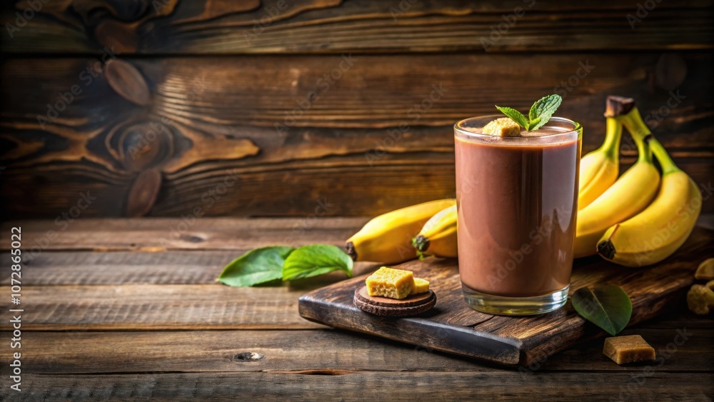 Poster chocolate banana smoothie with caramel topping on rustic wooden background