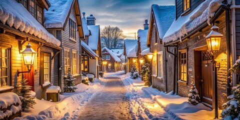Fototapeta premium A Snow-Covered Pathway Winding Through a Row of Cozy Homes Bathed in the Warm Glow of Evening Lights