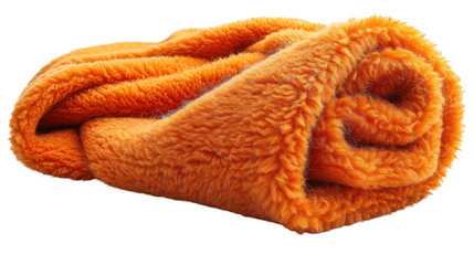 Cozy orange fleece blanket rolled up for warmth comfort on cold days indoors or outdoors adds vibrant stylish touch Isolated on white background or PNG