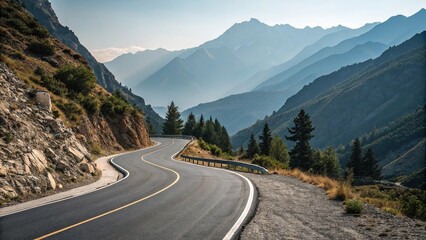 Naklejka premium Mountainous road winding through empty asphalt, asphalt road, scenic drive, calm atmosphere, rocky surface