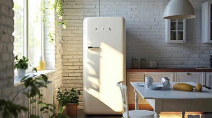 Dining table in interior of kitchen with fridge and counter
