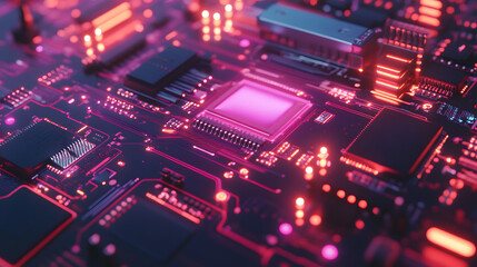 Obraz premium Futuristic circuit board design with neon highlights.