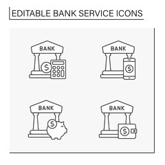 Naklejka premium Banking line icons set. Bank buildings. Finance concepts. Isolated vector illustrations. Editable stroke