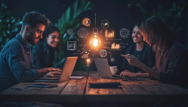 Collaborative team working late at night using laptops and digital technology.