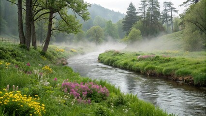 Gentle stream flowing through a lush green forest with vibrant spring flowers along its banks and misty fog rising from the water, mist, ferns