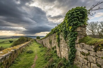 Stone wall with ivy and moss-covered stones, set against a dramatic sky, nature, dramatic, peaceful