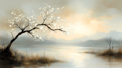 Peach and light lilac tones with delicate spring flowers set against an abstract background.