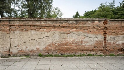 Weathered brick wall with cracks and fading mortar, damaged, stone