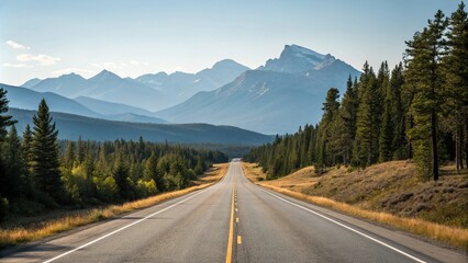 Wide open road stretches out before a mountain landscape with trees and mountains in the distance, countryside, landscape, asphalt, natural, roadscape