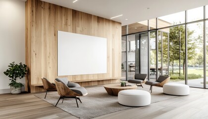 Fototapeta premium Modern living room with wood accents and large windows, promoting natural light and comfort.