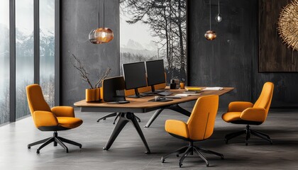 Modern office interior with stylish design, featuring orange chairs and sleek workspace.