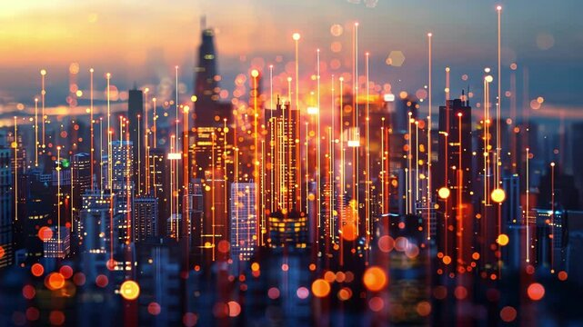 A cityscape with skysers made of shining strings as if humanity has learned to harness the power of string theory.