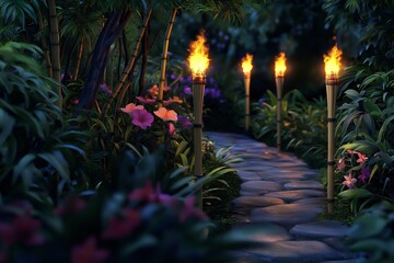 Row of bamboo Torches flaming at night