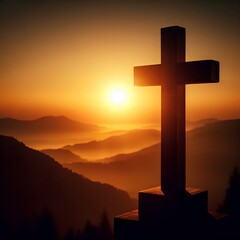 A wooden Christian cross silhouetted against the rising sun, symbolizing new beginnings and faith.
