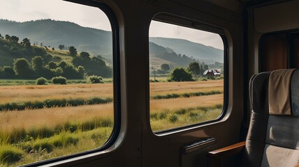 A solo female traveler sitting in a train carriage, gazing at the countryside scenery outside. train travel, solo female traveler, countryside view, scenic train ride, exploration.