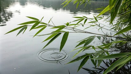 A group of bamboo leaves floating on the surface of a still pond with a few ripples, pond, natural beauty, aquatic plants