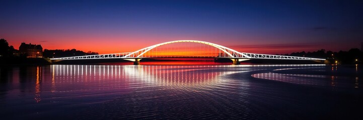Obraz premium A majestic illuminated bridge stretches across a serene lake in Wloclawek at night, its sleek arches reflecting the vibrant colors of the setting sun., arches, colors