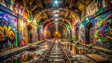 Fototapeta premium An abandoned railway tunnel, its walls adorned with vibrant graffiti, bathed in the soft glow of distant lights, creating a captivating blend of urban decay and artistic expression.