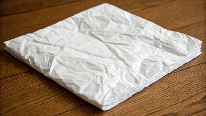 Obraz premium A sheet of crumpled white paper creased into a compact square shape, messy workspace, paper disorder