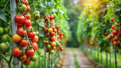 A sprawling tomato vine crawling up a trellis in a lush green landscape, tomato vine, garden trellis, outdoors, climbing plant, botanical