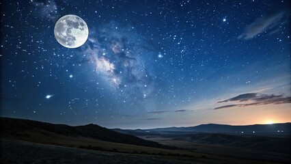 A stunning view of the star-filled sky with the bright full moon dominating the scene, lunar, space, blue, majestic, starry