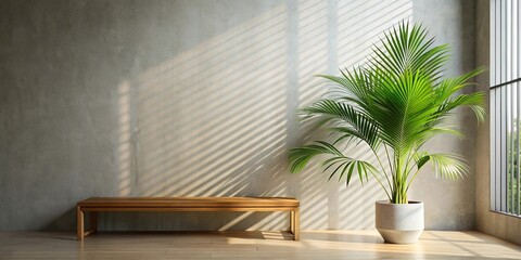A wooden bench sits in a sunlit corner of a room, with a potted palm tree adding a touch of natural greenery.