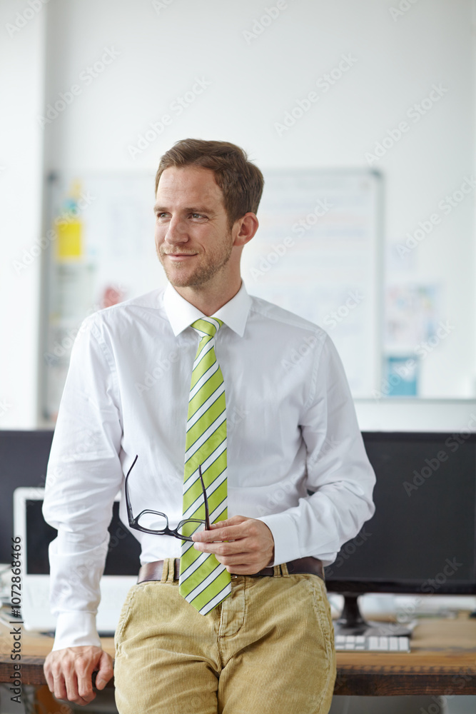 Poster thinking, smile and business man in office for reflection, memory and idea on company policy. vision