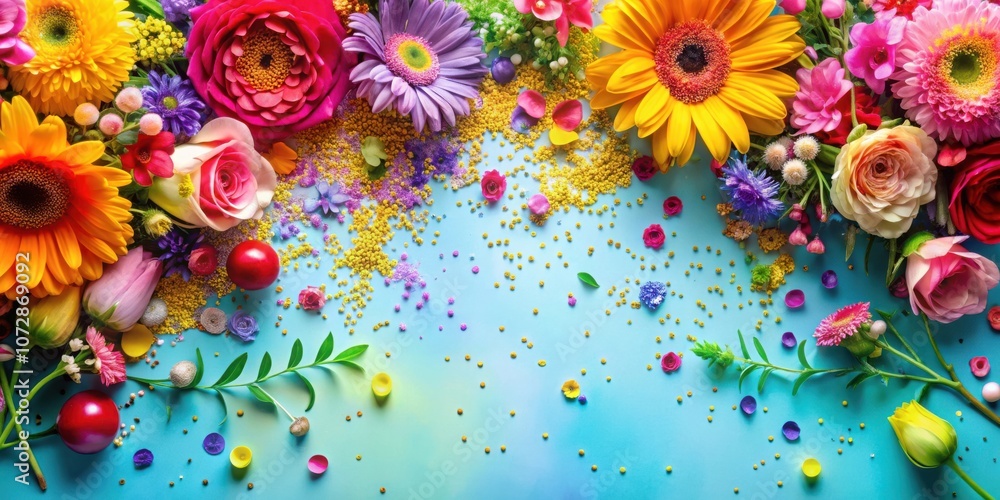 Poster a vibrant floral arrangement with a mix of colorful blooms and festive confetti, creating a joyous a