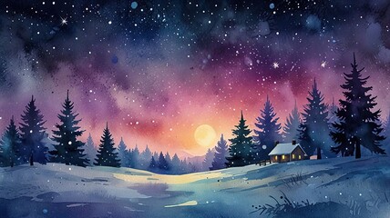 Fototapeta premium Enchanting Winter Night with Soft Watercolor Style